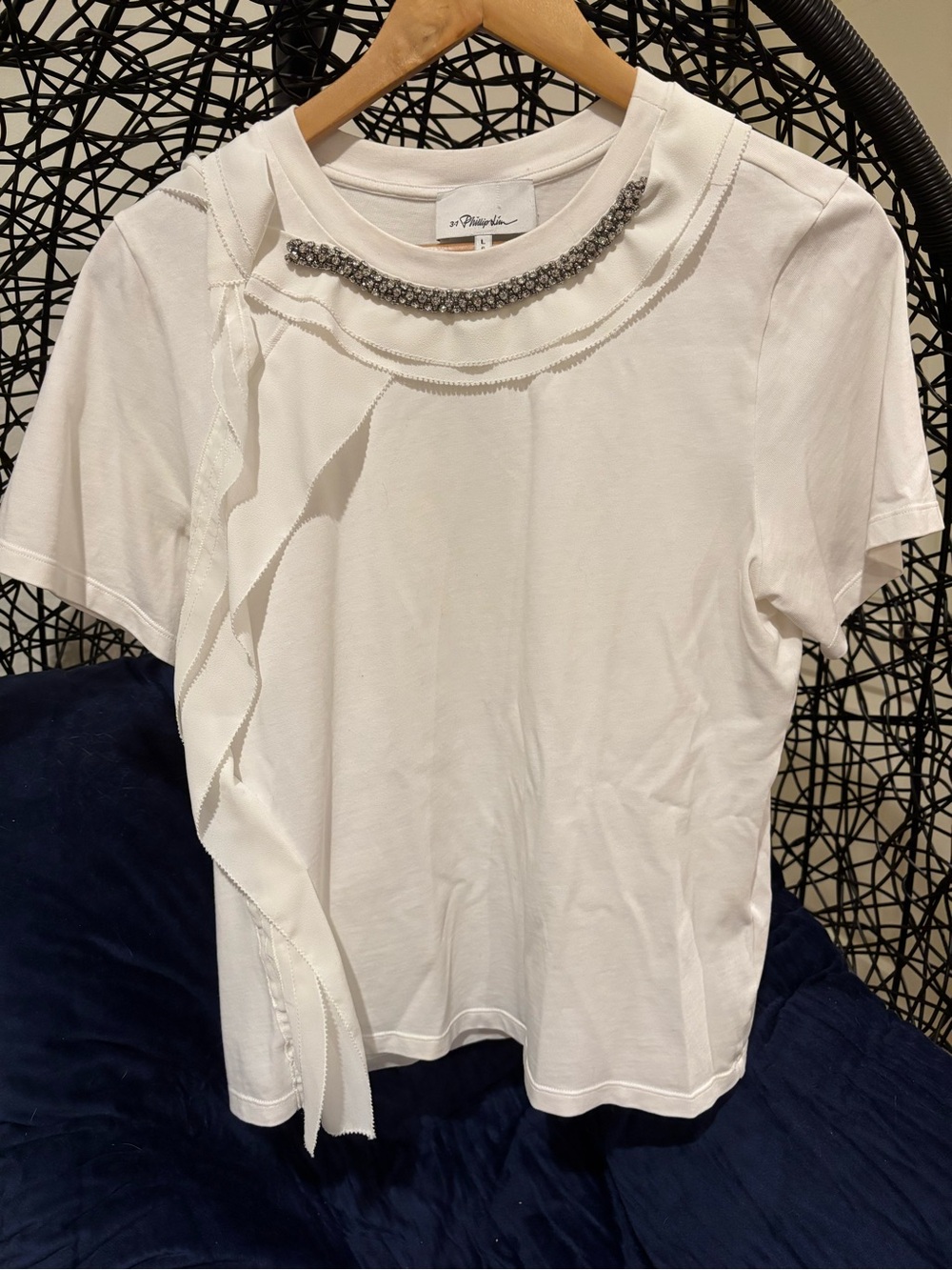 3.1 Phillip Lim White Cotton Crystal Necklace Ruffle Tee Size L